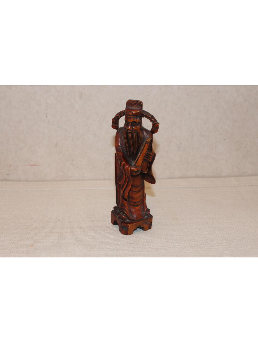 Vintage Hand-Carved Wooden Asian Scholar Musician Figure - Intricate Detailing